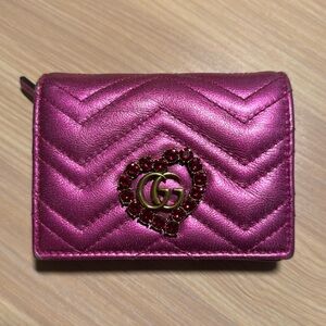 Metallic Calfskin Matelasse Crystal GG Marmont Wallet Pink